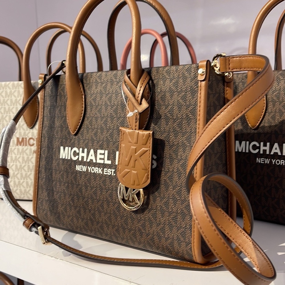 Michael Kors Mirella Small Shopper Top Zip Crossbody Bag Brown Logo MK